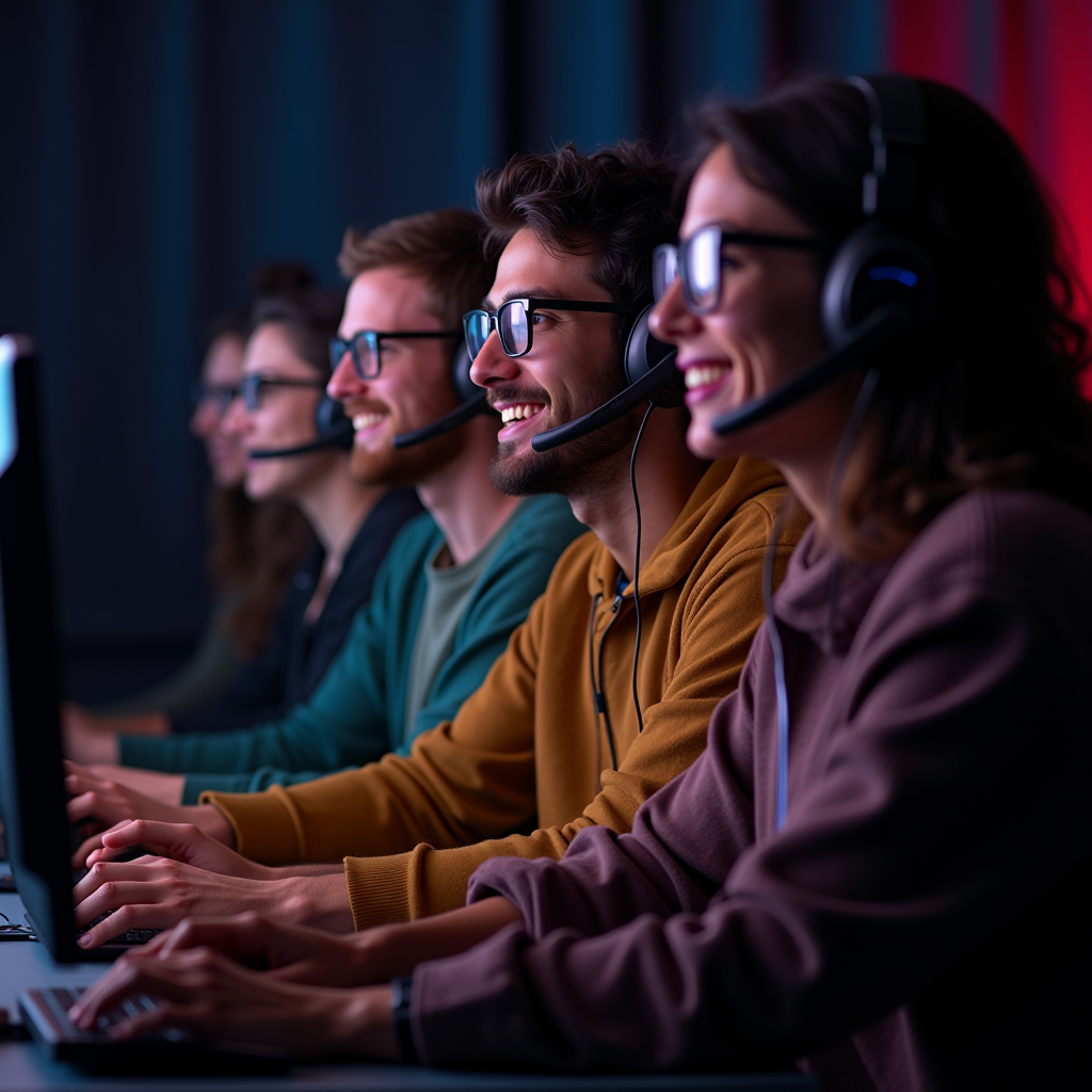 Diverse group of gamers collaborating together in an online multiplayer game, showing teamwork, communication through headsets, and shared joy of cooperative gameplay in a warm, welcoming gaming environment