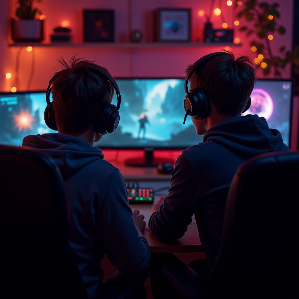 Gamers wearing headsets playing Deep Rock Galactic and Phasmophobia together in a cozy gaming room with warm lighting and multiple monitors showing cooperative gameplay