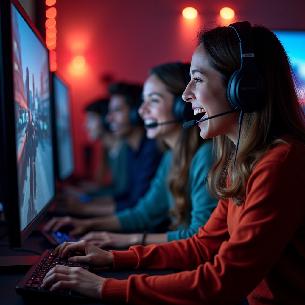 Group of diverse gamers wearing headsets, laughing and communicating while playing cooperative games together in a warm, inviting gaming setup with multiple monitors displaying team-based gameplay