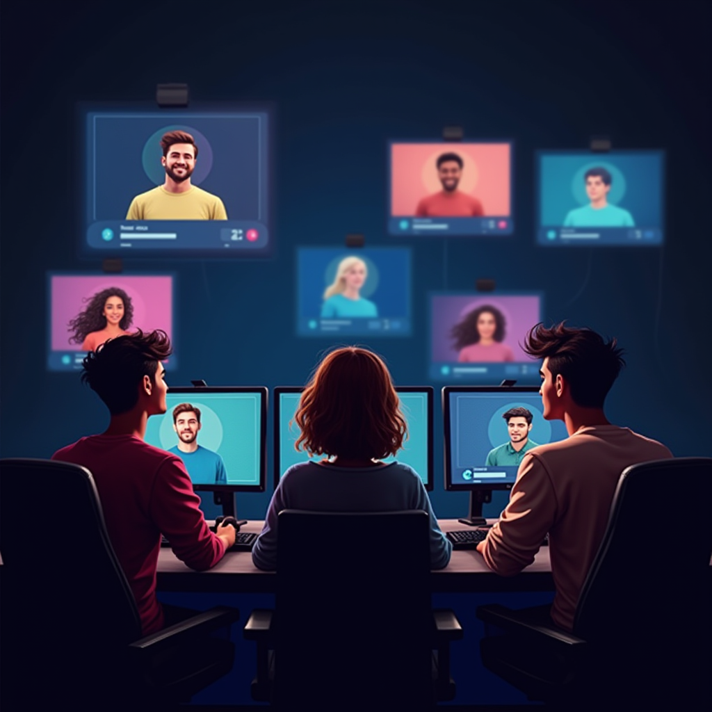 Diverse gamers connecting through Discord voice chat, showing avatars and colorful server channels on multiple screens