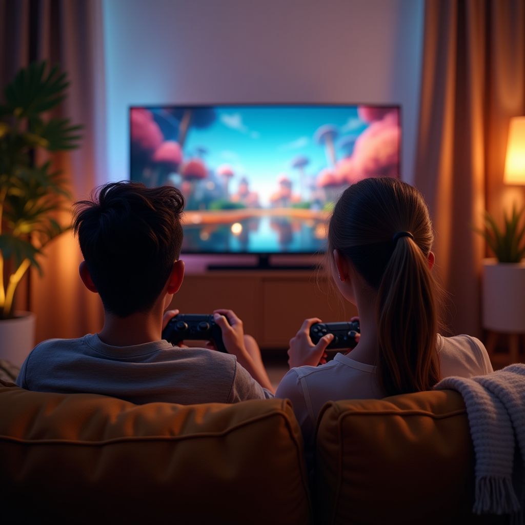 Two friends sitting side by side on a cozy couch, controllers in hand, playing a colorful cooperative game on a large TV screen, warm lighting, comfortable living room setting, plants and soft blankets visible, peaceful and inviting atmosphere