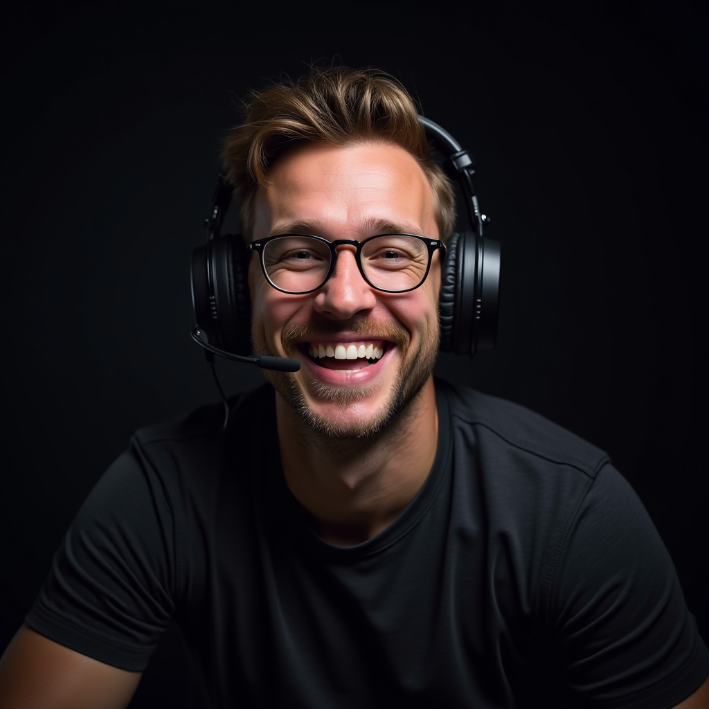 Portrait of Alex Sterling, founder and editor-in-chief, smiling warmly while wearing gaming headset, professional studio lighting