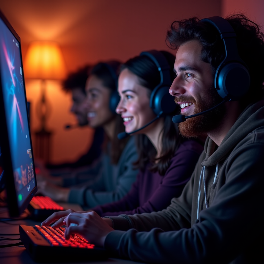 Group of diverse gamers wearing headsets, sitting in cozy gaming setups with warm lighting, playing Deep Rock Galactic together on their screens, showing camaraderie and joy through cooperative gameplay