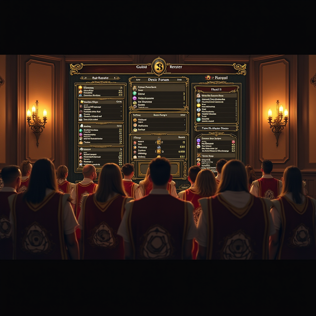 Nostalgic recreation of early 2000s guild interface showing raid roster, DKP system, and basic forum layout with players in matching guild tabards standing in formation
