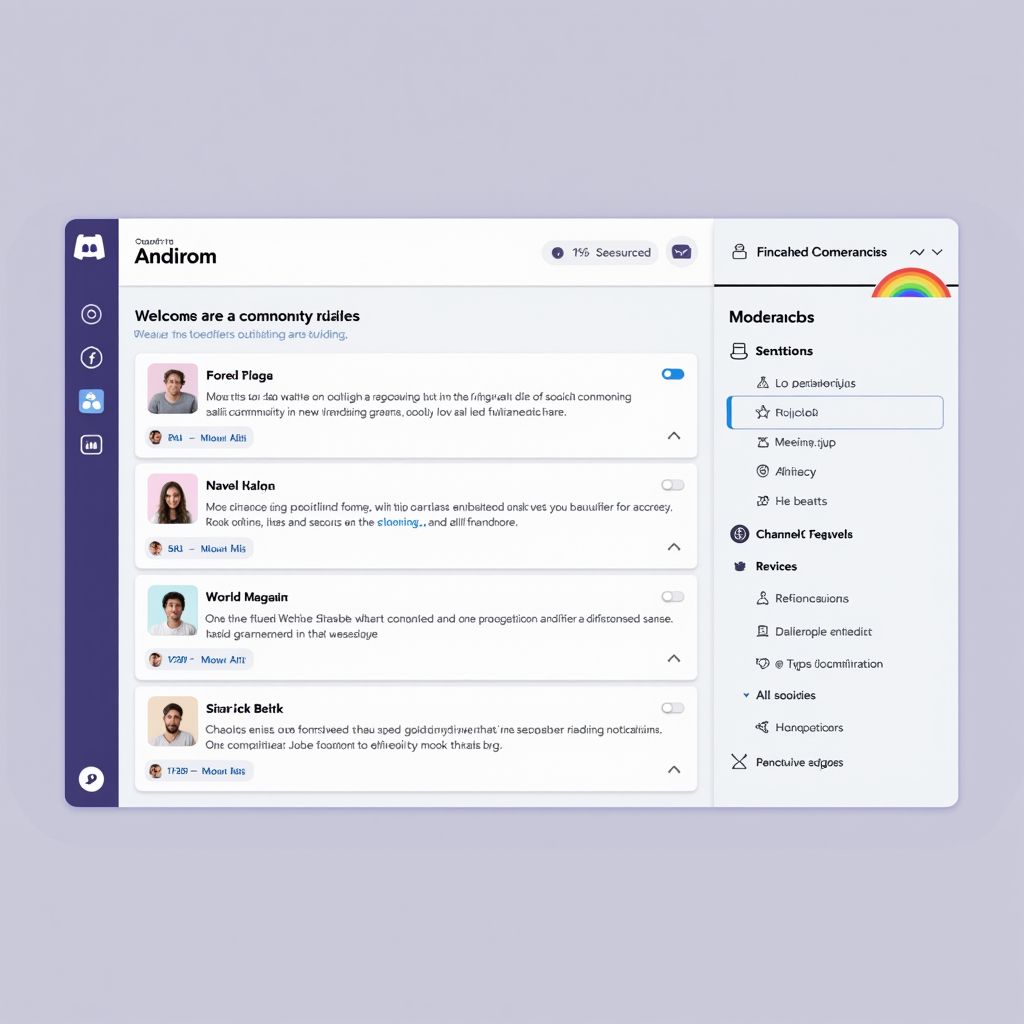 Discord server interface showing detailed community rules, welcome channels, and moderation tools with rainbow pride elements