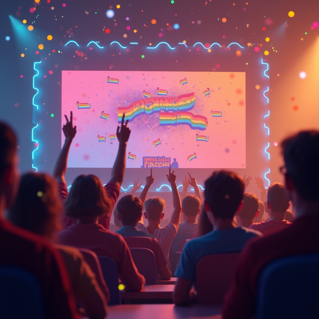 Virtual pride celebration in a gaming Discord server with custom emojis, rainbow decorations, and members celebrating together