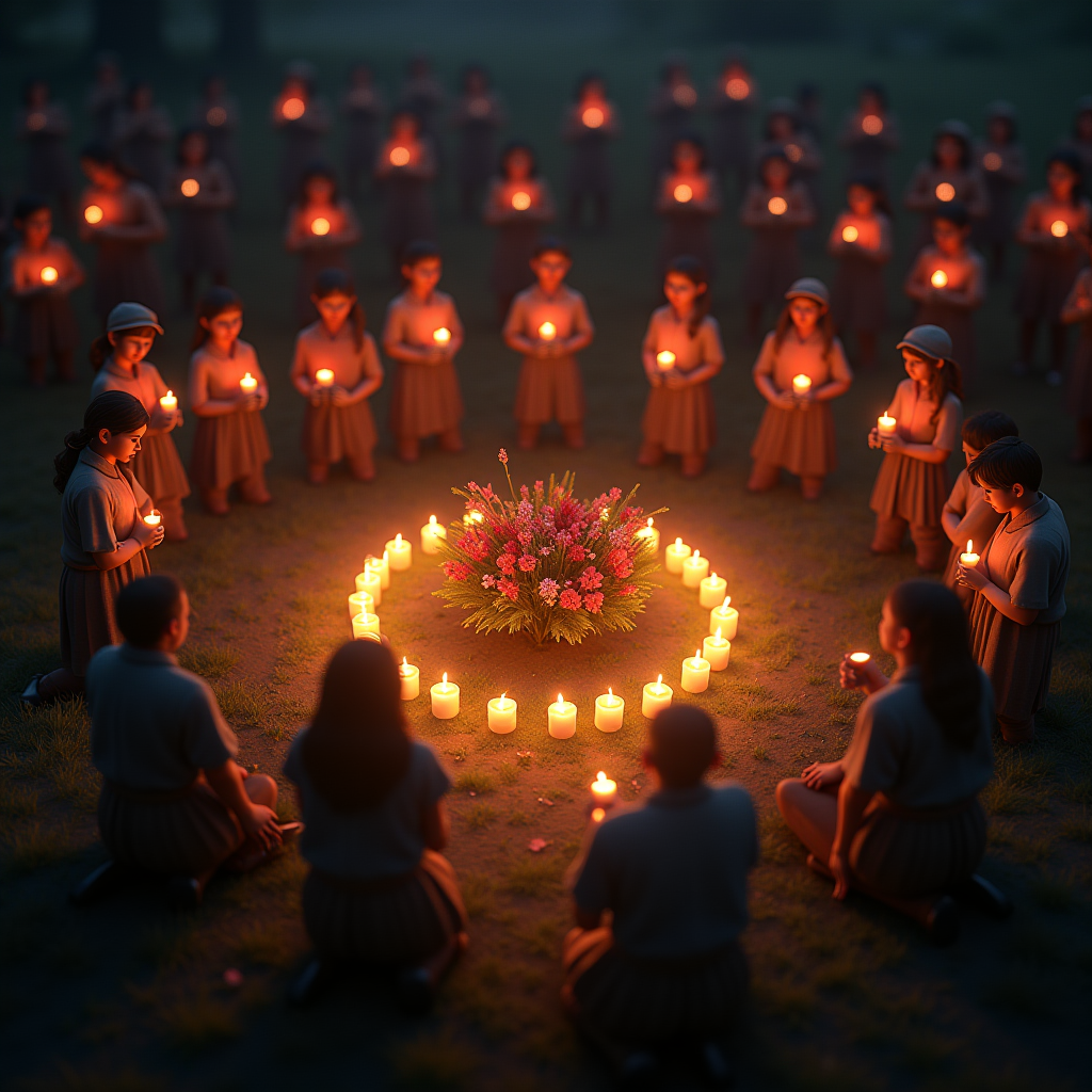 A touching in-game memorial scene with dozens of player characters gathered in a circle, holding virtual candles and flowers, paying tribute to a fallen friend or family member