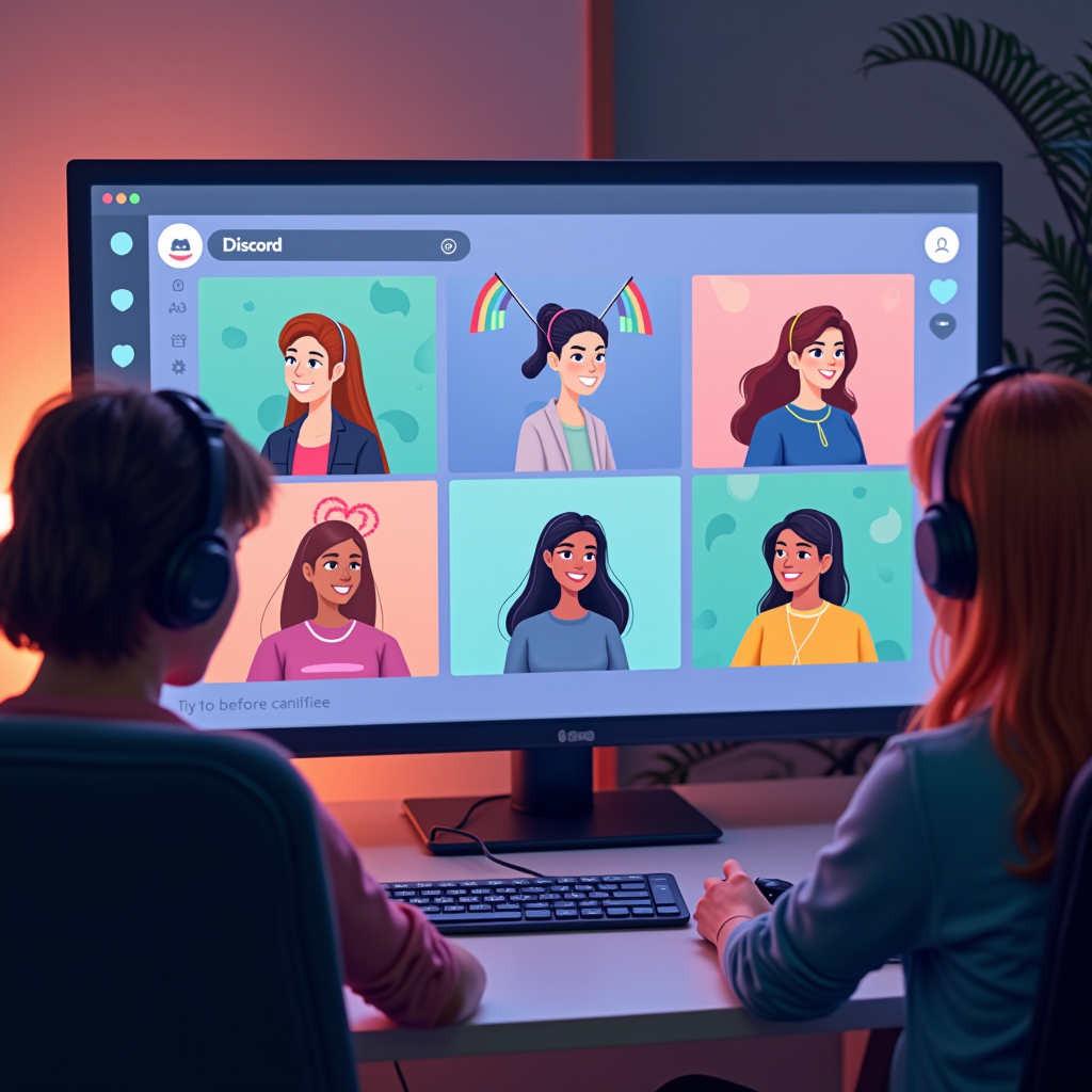 Welcoming Discord server interface showing LGBTQ+ pride flags, neurodivergent-friendly channel icons, and women-only gaming spaces, with diverse avatars of community members chatting and supporting each other in a safe, inclusive digital environment
