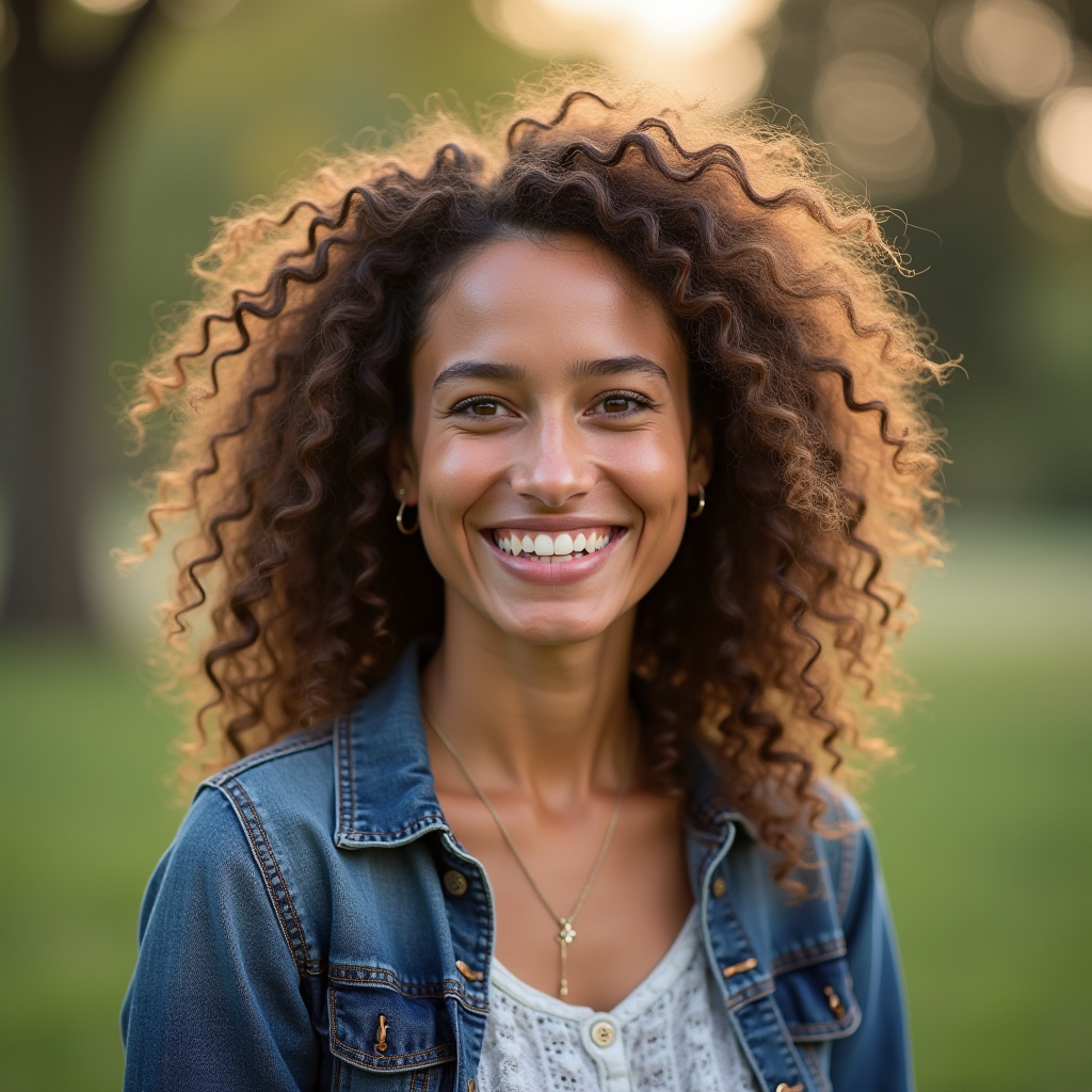 Portrait of Sarah, a 28-year-old teacher with curly hair and an enthusiastic expression, photographed outdoors