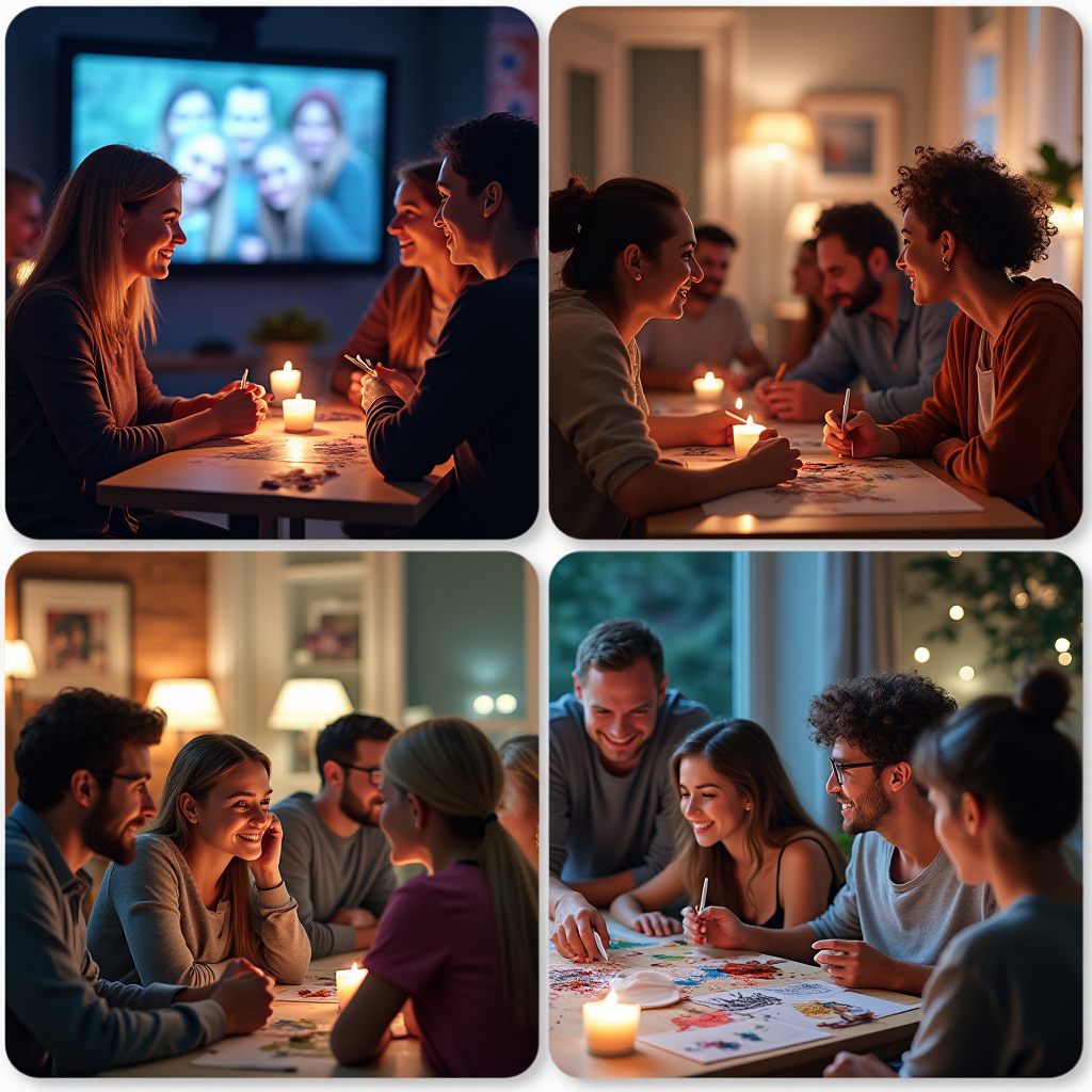 Collage of guild members participating in various activities: virtual movie night, voice chat game session, collaborative art project, and real-world meetup photo with diverse group of friends