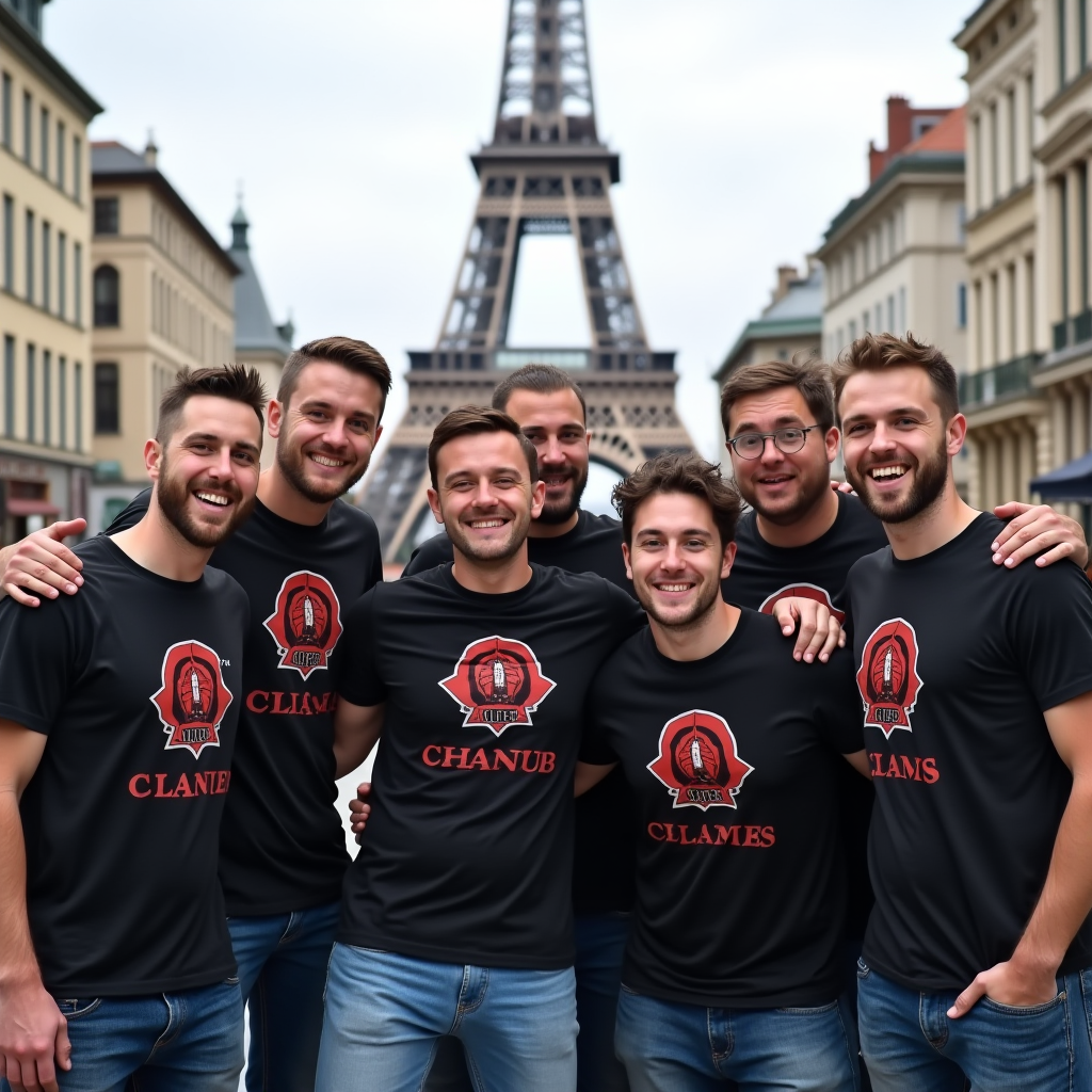 A joyful group photo of gaming clan members meeting in person for the first time, standing in front of a European landmark, wearing matching clan t-shirts and displaying genuine happiness and camaraderie