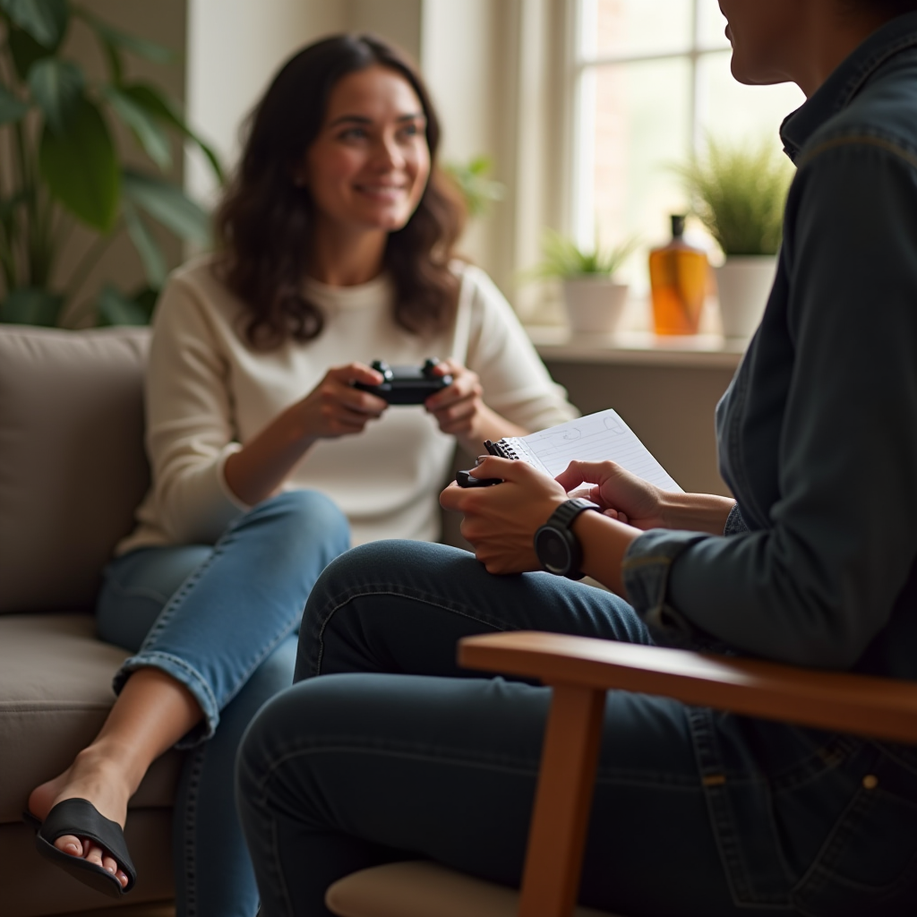 Two people sitting comfortably in a therapy or counseling setting, holding game controllers, therapist taking notes, warm and safe environment, soft lighting, plants and comfortable furniture, professional yet relaxed atmosphere