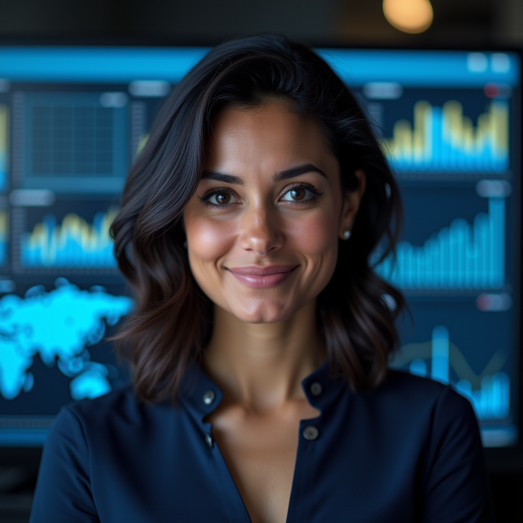Portrait of Sofia Patel, research analyst, confident expression with data visualizations in background