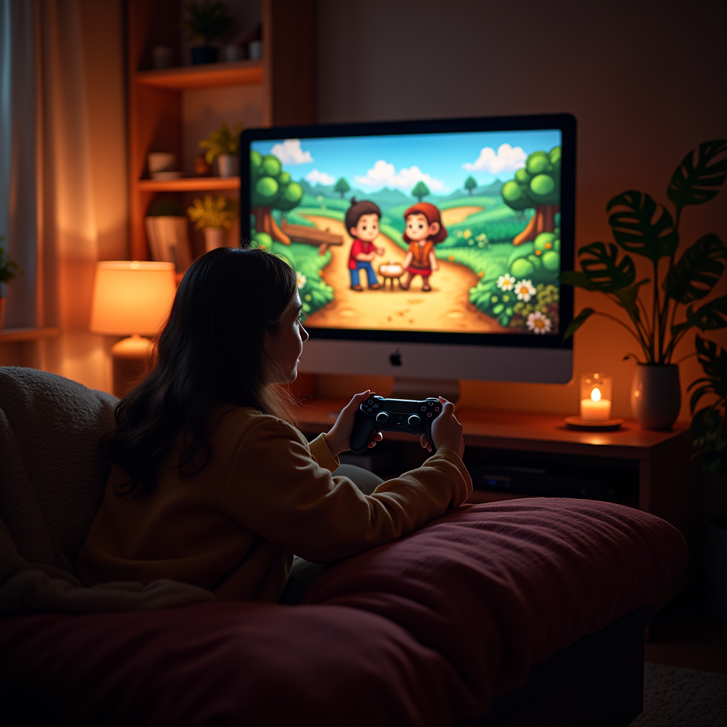 Cozy gaming setup with Stardew Valley and It Takes Two on screen showing peaceful cooperative gameplay with warm lighting, plants, and comfortable atmosphere promoting connection