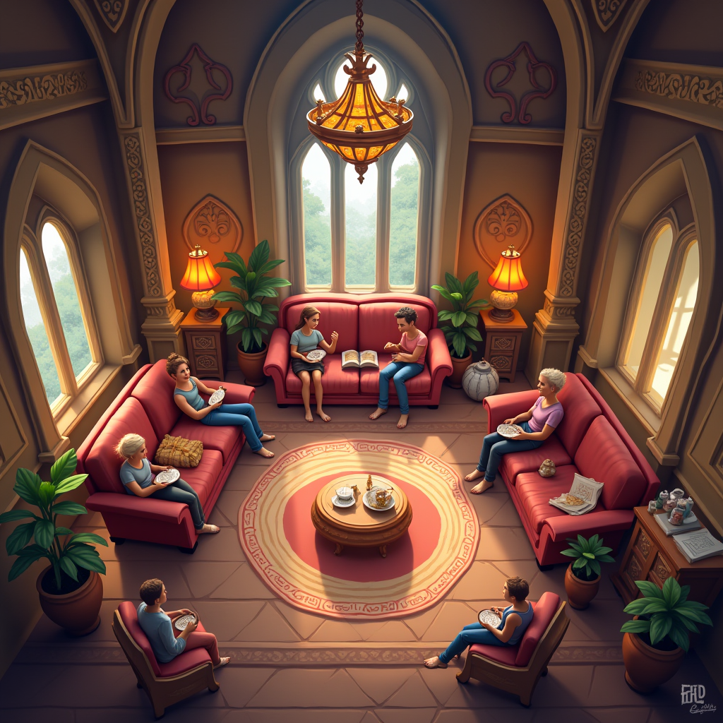 Beautiful in-game guild hall with cozy furniture, decorative items, and multiple player characters socializing, chatting, and relaxing in a warm, inviting virtual space