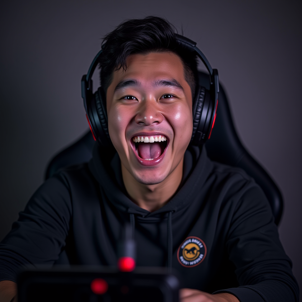Portrait of Jordan Chen, content creator, enthusiastic expression with gaming peripherals visible