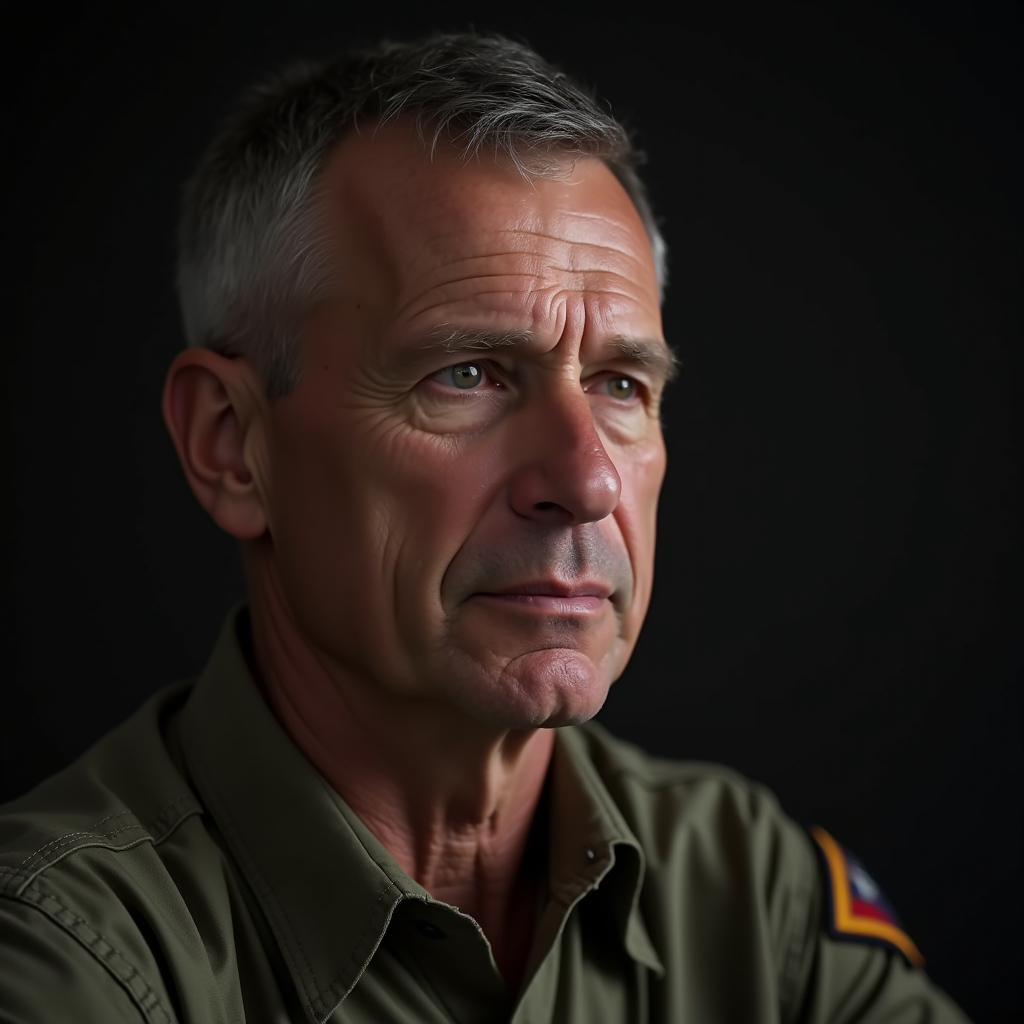 Portrait of James, a 42-year-old military veteran with short hair and a thoughtful expression, photographed in soft lighting