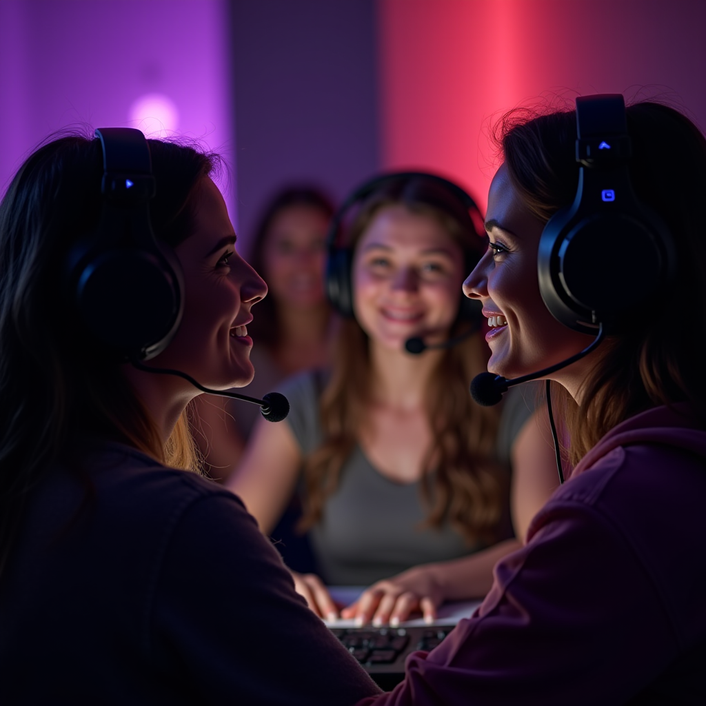 Women gamers celebrating tournament victory together in Discord voice chat with supportive messages and celebration emojis