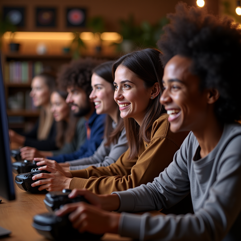 Diverse group of people of different ages and backgrounds gathered around screens, all playing cooperative games together, smiling and engaged, inclusive and welcoming atmosphere, community center or gaming cafe setting, warm and friendly environment