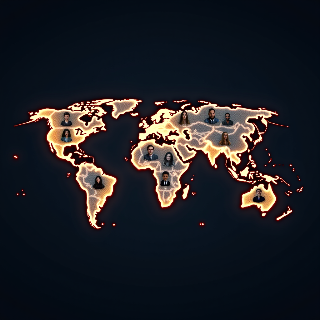 World map showing connections between guild members across continents, with glowing lines connecting different locations and small portraits of diverse members from various countries