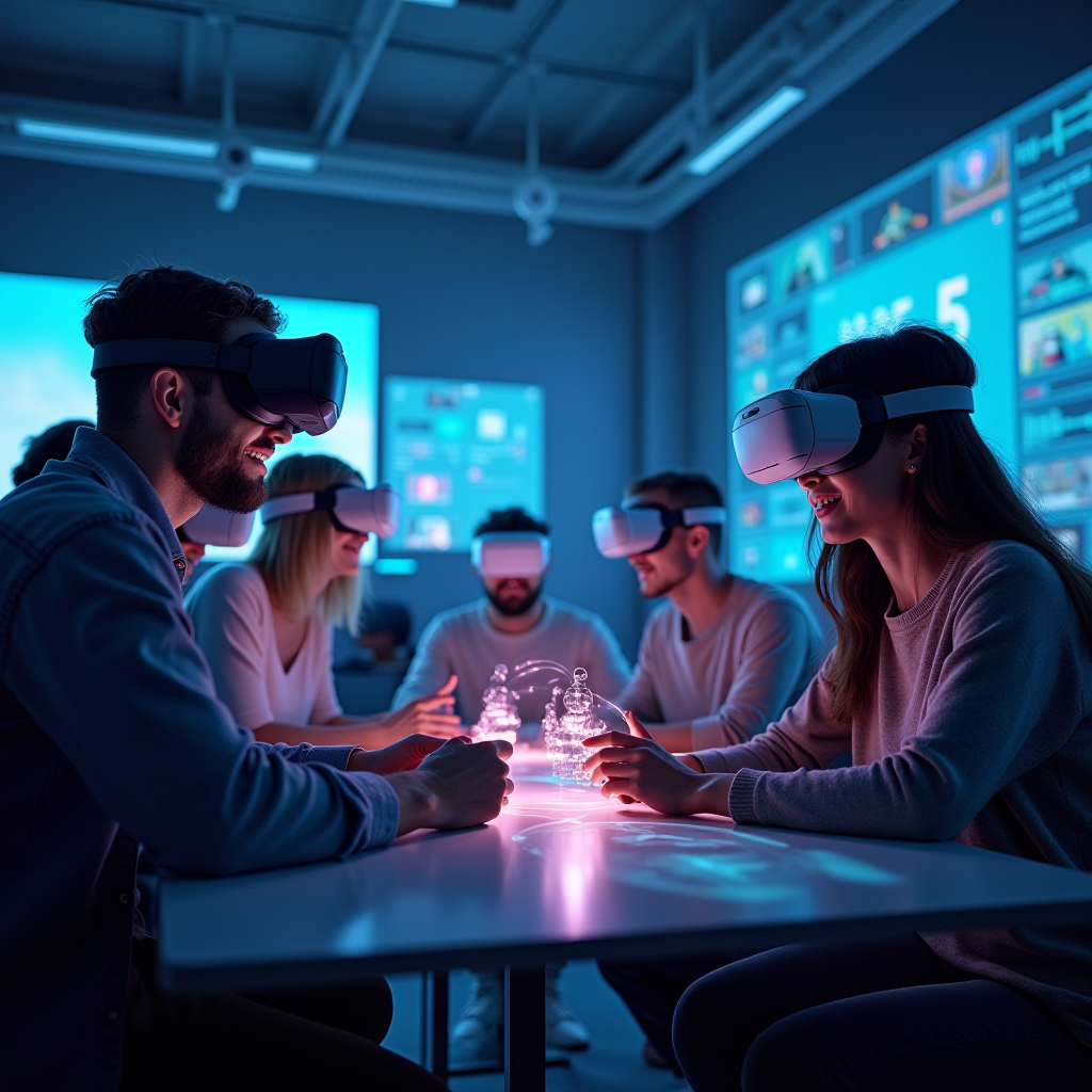 A futuristic concept image showing gamers using VR headsets in a shared virtual space, interacting with holographic interfaces while maintaining genuine human connections and friendships