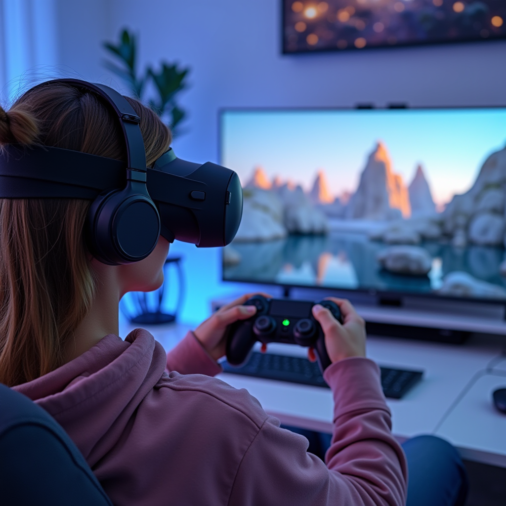 Futuristic gaming setup showing advanced but comfortable technology, virtual reality headsets with soft designs, ergonomic controllers, peaceful virtual environments visible on screens, blend of technology and comfort, forward-looking yet accessible