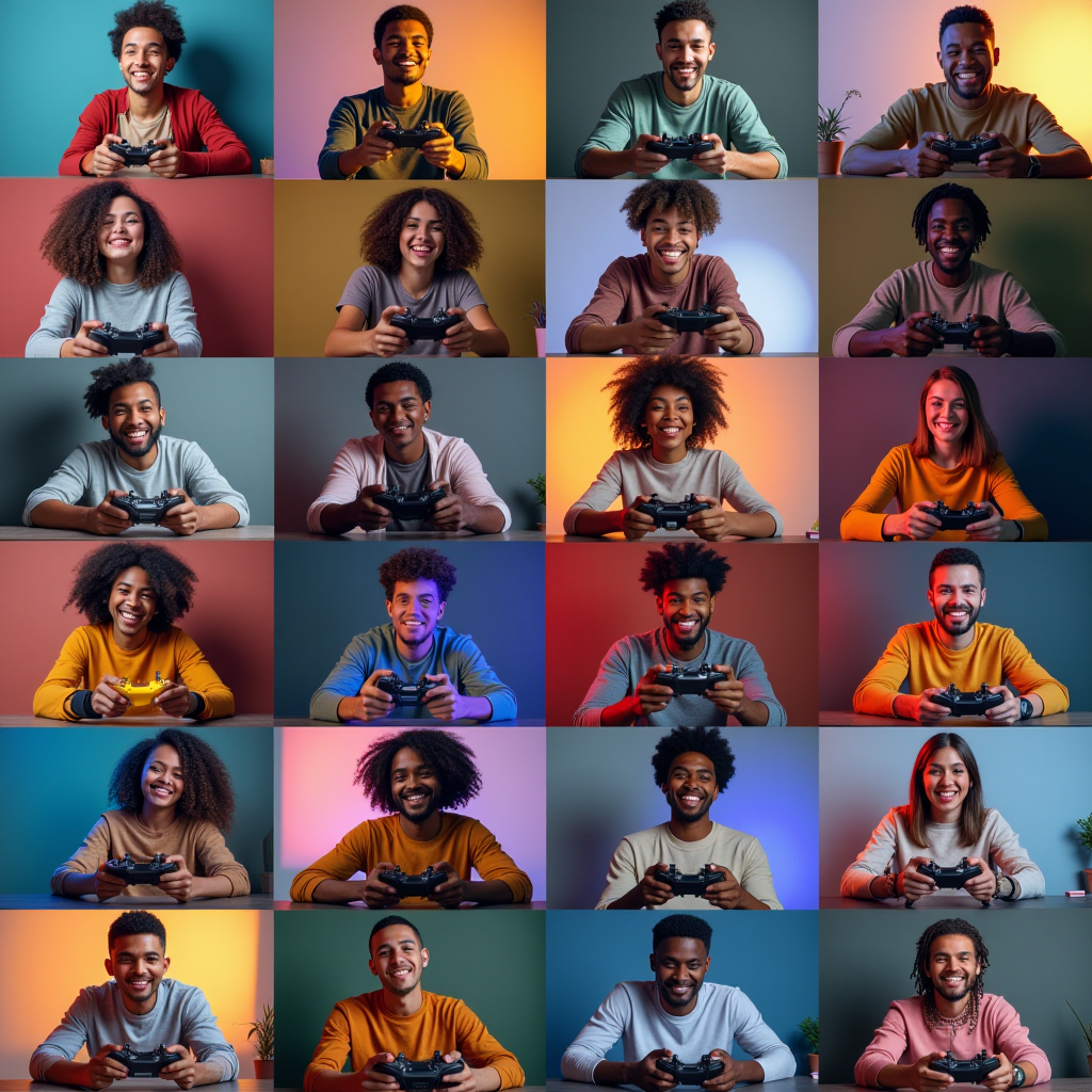Collage showing diverse gamers from around the world connecting through online games, displaying joy and camaraderie, vibrant colors representing global community