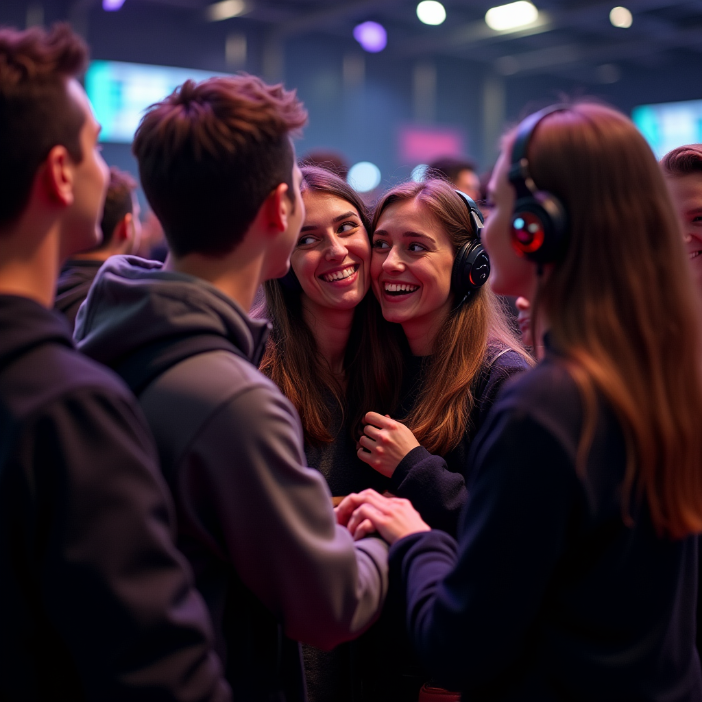 Candid group photo of gaming friends meeting face-to-face for the first time at a gaming convention or organized meetup, showing genuine smiles, hugs, and the excitement of in-person connection after months or years of online friendship