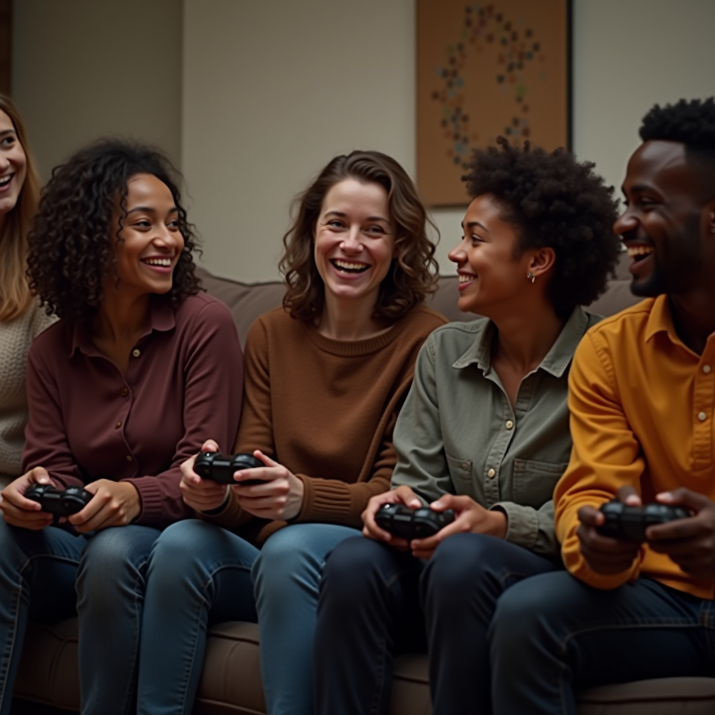 A heartwarming final image showing a diverse group of gaming friends sitting together in a living room, controllers in hand, laughing and enjoying each other's company, representing the perfect blend of virtual and real-world friendship
