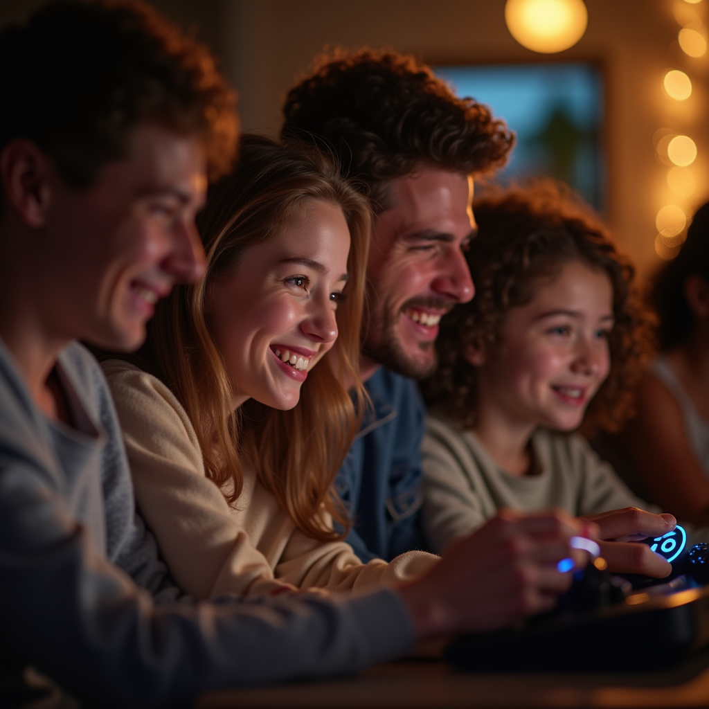 Heartwarming scene of people connecting through gaming, showing genuine smiles and emotional moments, mix of in-person and online connections, diverse group of friends and family, warm lighting, authentic human connection and joy