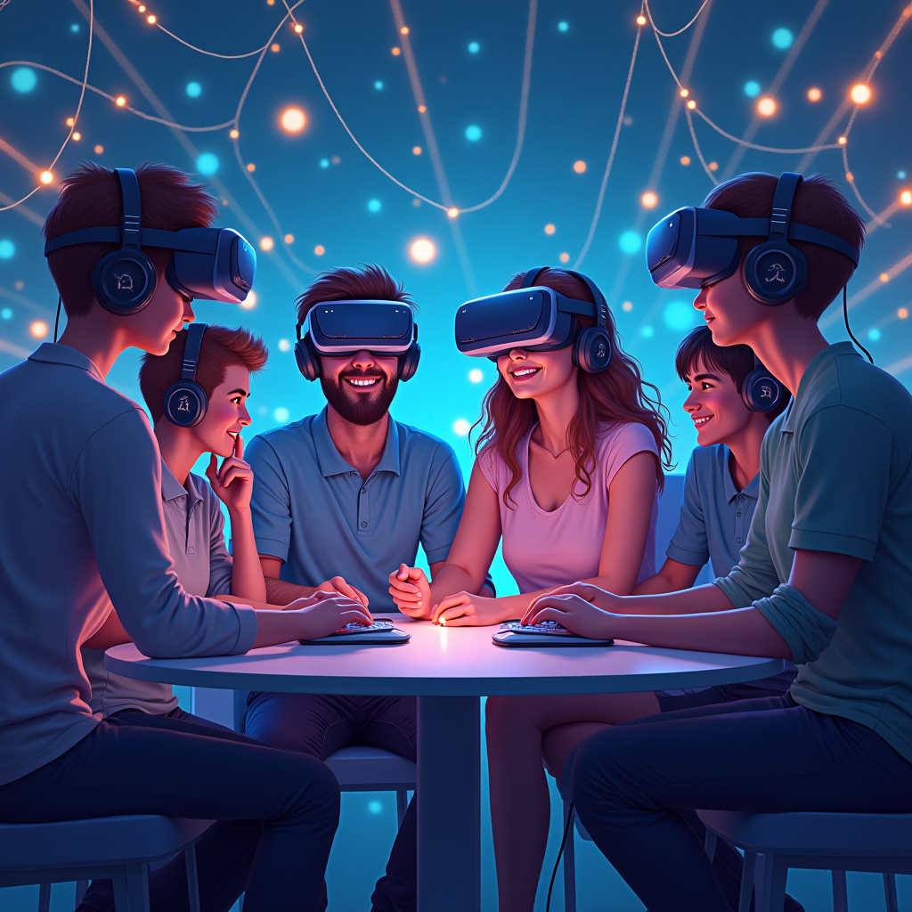Artistic concept illustration showing the future of social gaming with diverse players using various technologies including VR headsets and traditional setups, connected by glowing network lines representing digital bonds and community