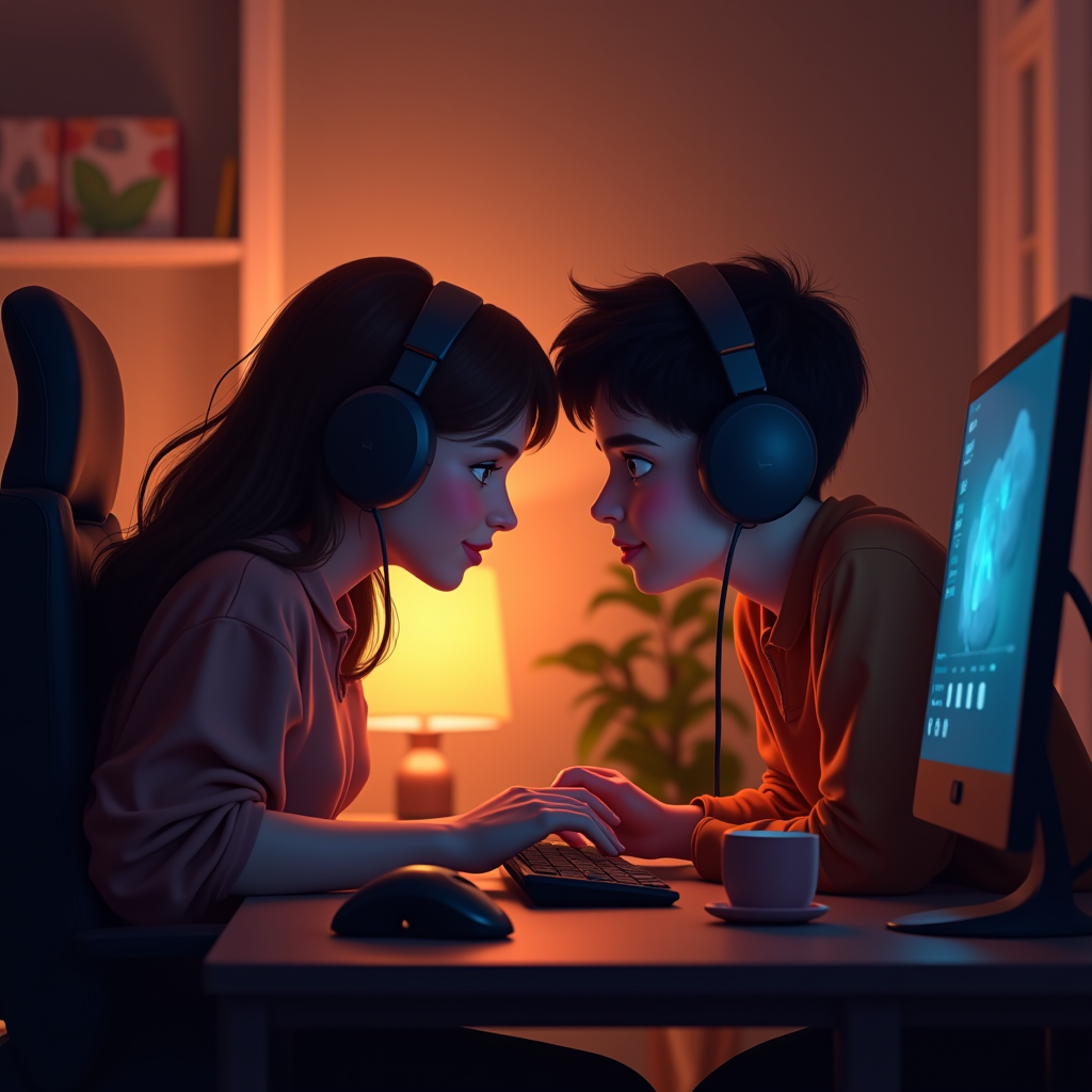 Warm illustration of gamers supporting each other, showing empathy and understanding through online communication, soft lighting creating intimate atmosphere
